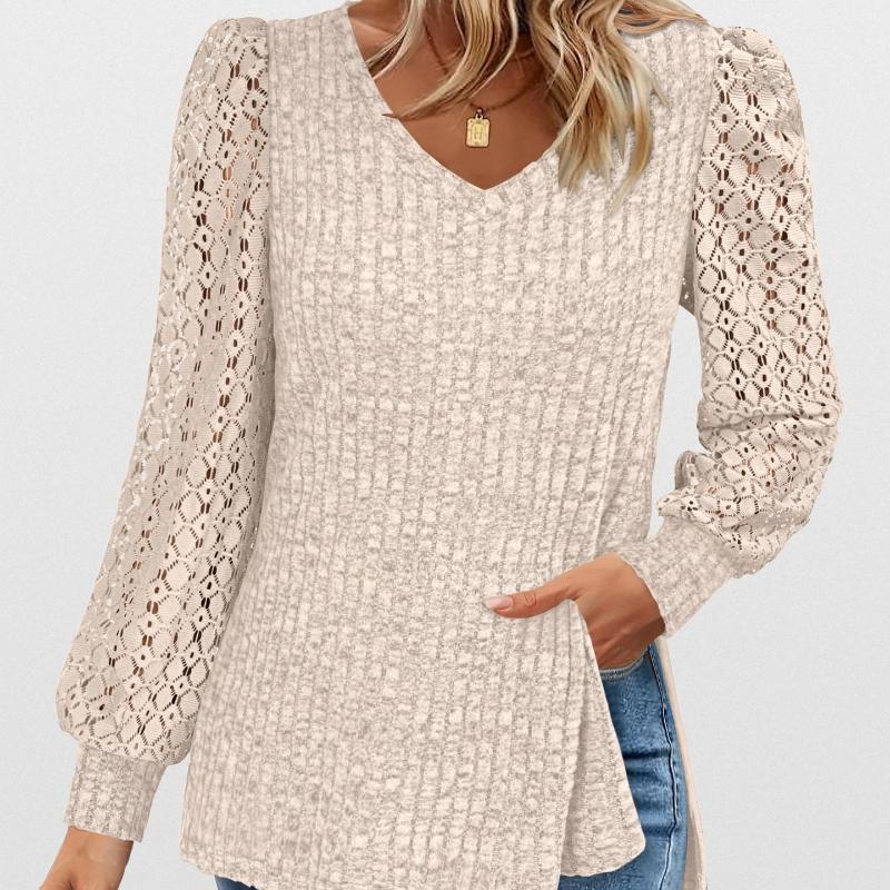 Women's Splicing Casual Versatile Solid Color V-Neck Lace Top Long Sleeve Bottom T Shirt
