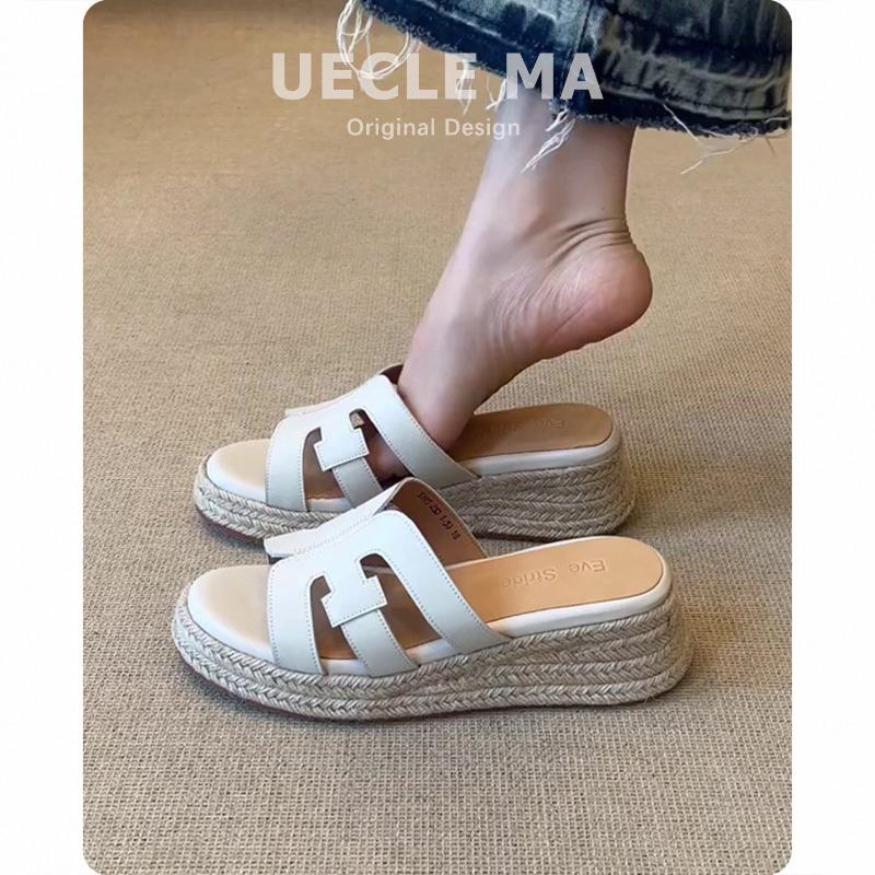 Sheepskin Version~ Thick-soled Leather Wedge Slippers Women's Summer Wear with Skirts To Increase Height and Not Tire Feet Cool Slippers