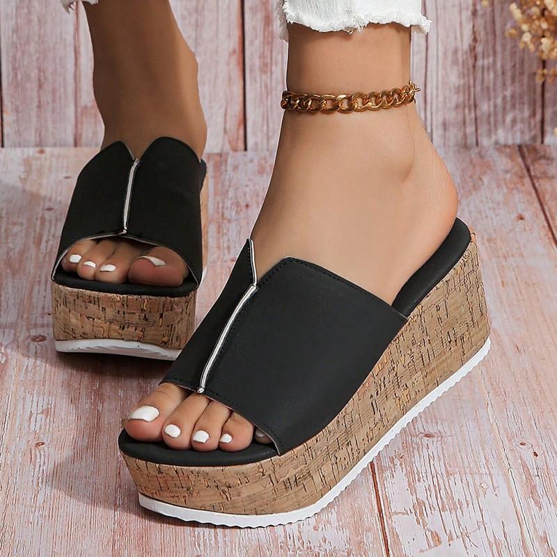 New Large Size Thick Soled High Heel Slippers for Women , New Fashionable Open Toe Solid Color Slope Heel Sandals