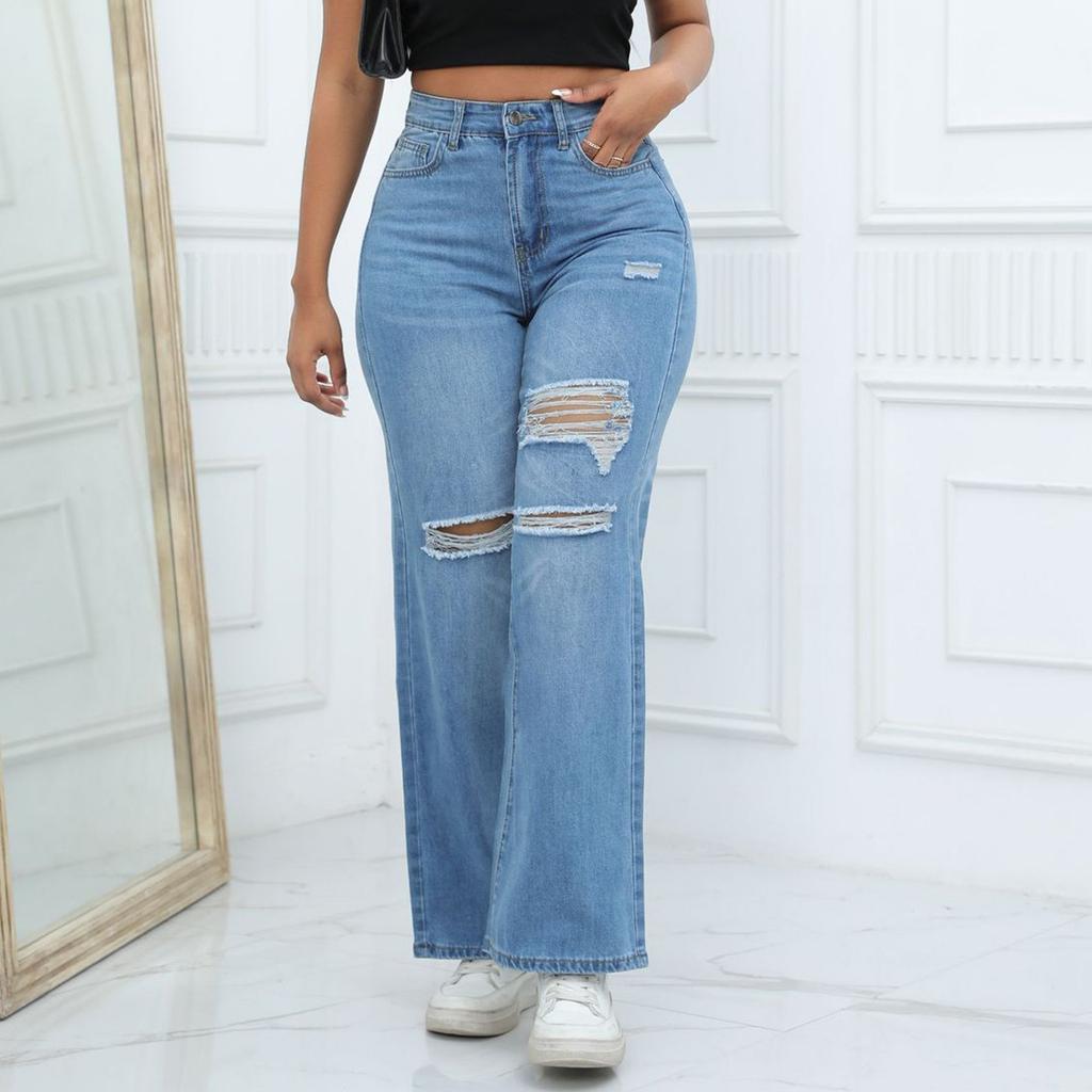 Jeans Women's Ripped Pocket Retro High Waisted Straight Leg Pants