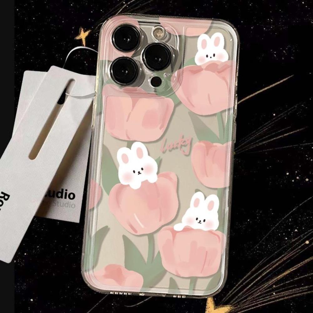 Розовый Тюльпан Мультяшный Кролик Чехол для Телефона для IPhone 16 17 Pro Max 15 14 13 12 11 Pro Max 16 15 14 Plus Прозрачный Ударопрочный Чехол