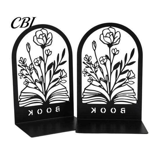 Metal Bookend 1 Pair Flower Bookends, Decorative Vase Book Ends for Shaped Shelves, Black Holder Stopper Home Office Reading Room Desktop
