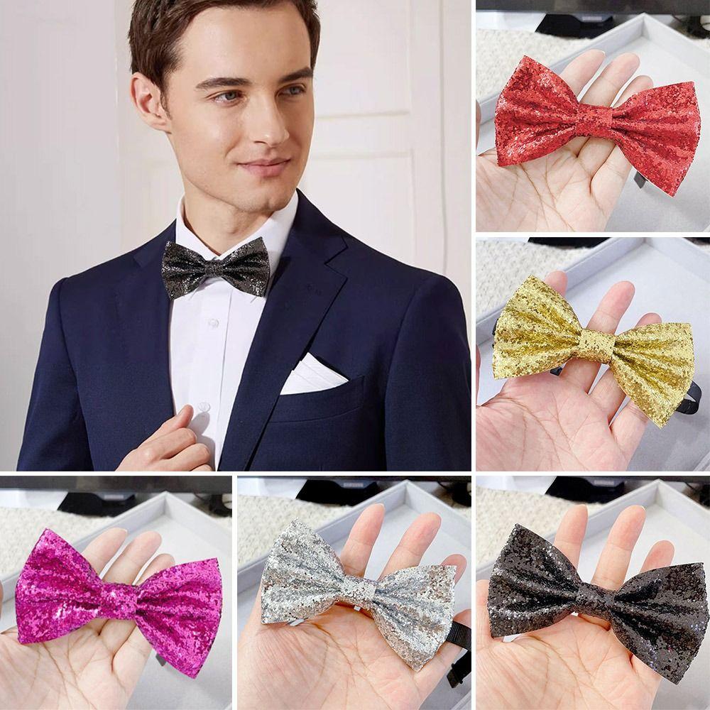 Adjustable Stage Performance Tie Shiny Paillette Men's Suit Lapel Flowers Sequins Bowtie Bridesman