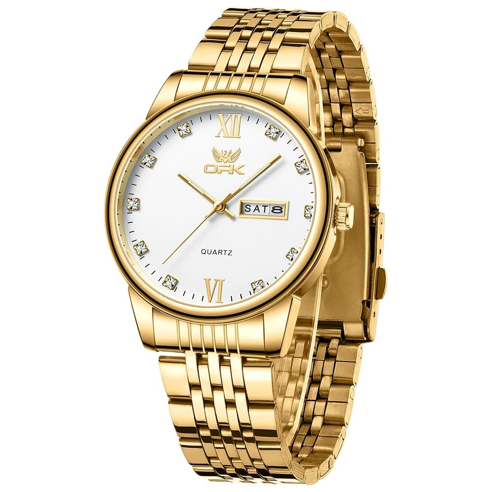 Men's Quartz Business Watch with Calendar, Day-Date, 40mm Round Face, Stainless Steel, Japanese Movement, Water Resistant Gold