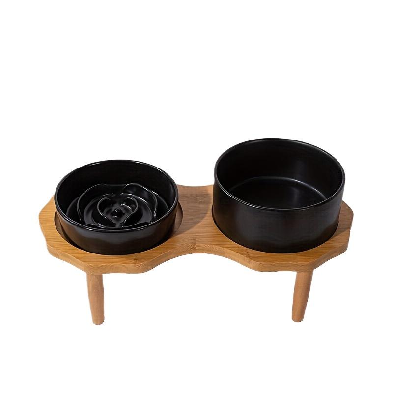 Bomei Ceramic Slow Feeder Dog Bowl - Anti-Choking & Anti-Spill Double Pet Bowls with Wooden Stand