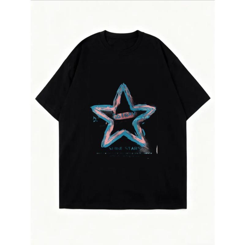 Oversized T-Shirt White Galaxy Star Print Shine Stars Text Casual Streetwear For Women