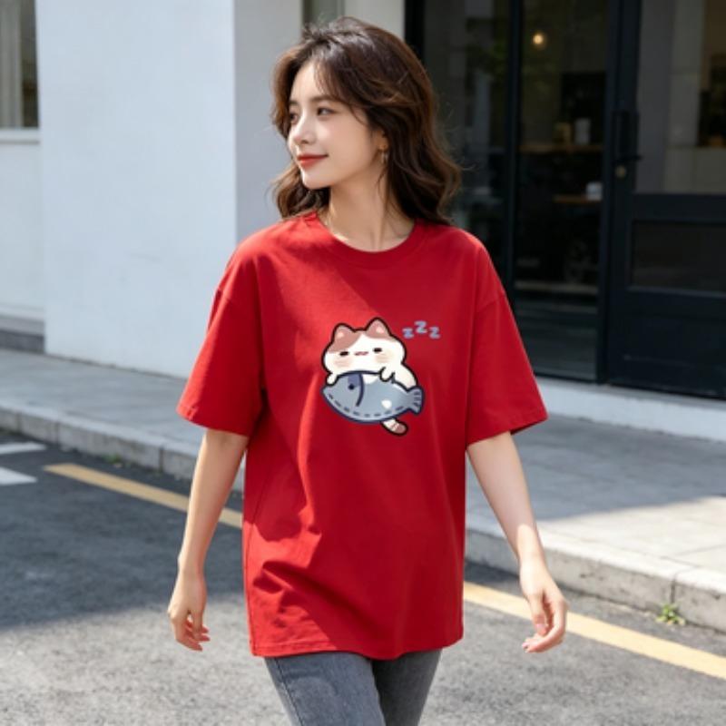 100 Cotton Round Neck Unisex T Shirt Cute Cartoon Sleeping Cat Hug Fish Zzz Graphic Short Sleeve Casual Basic Tee Multi Shades