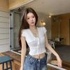 Lace splicing v-neck front shoulder short-sleeved T-shirt women's summer design sense slim and thin sexy pure desire Spice Girl short top