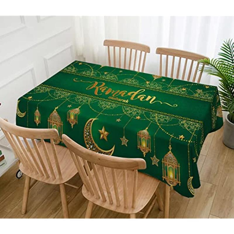Ramadan Mubarak Tablecloth Islamic Muslim Eid Decoration Gold Star Moon Lantern Kitchen Dining Stain Resistant Tablecloth