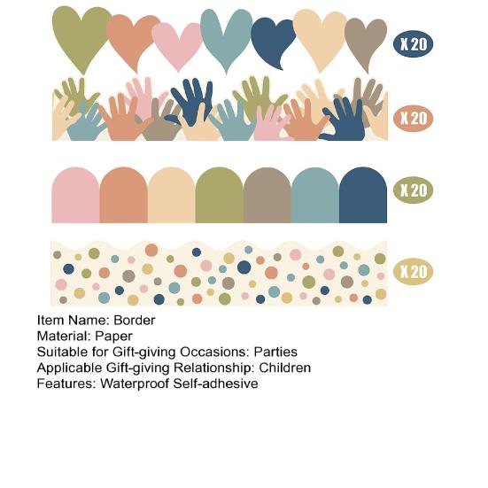 80Pcs Boho Bulletin Board Border Love Heart Hand Dot Semi-circle Waterproof Self-adhesive DIY Back To School Classroom Chalkboard