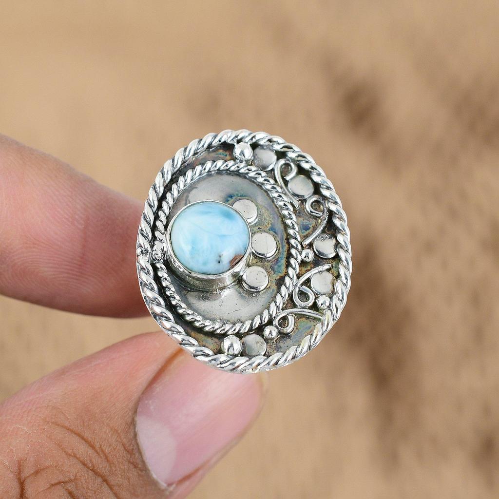 Круглый Ларимар Драгоценный камень Стерлинговое серебро Модное Кольцо на День рождения Новое Кольцо Обещания Ювелирные изделия