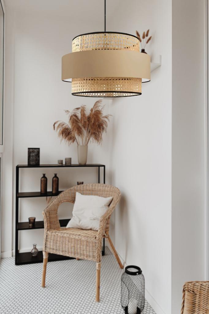 Bohemian Trio Metal Frame Real Rattan and Coffee Fabric Living Room Chandelier Three-Layer Cake Bedroom Pendant Lamp