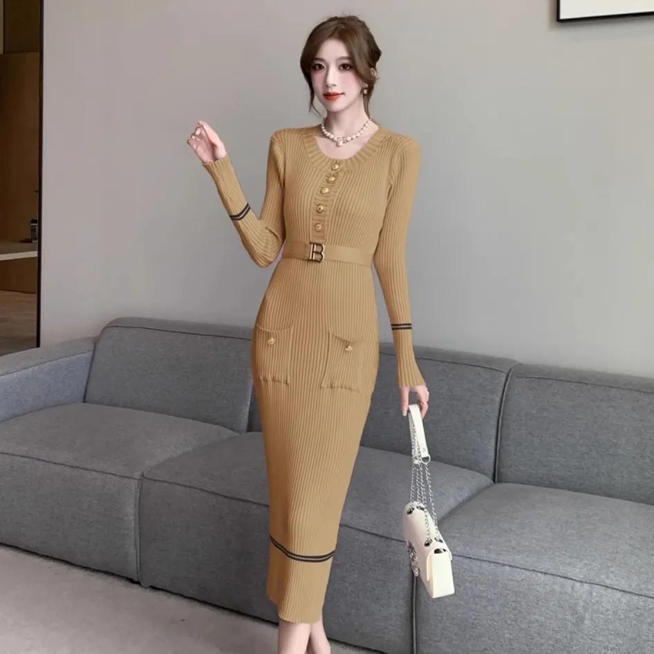 Осень-зима женское трикотажное платье модное платье-свитер с круглым вырезом на пуговицах и поясом женское офисное платье