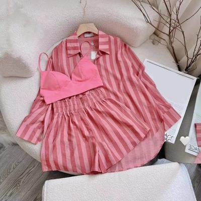 Женская полосатая рубашка с принтом и шорты, комплект из двух предметов, свободный крой, повседневная рубашка, брюки, однотонный топ с длинными рукавами, короткие летние наряды для женщин