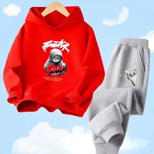 Толстовка с капюшоном + брюки для мальчиков, повседневный спортивный осенне-зимний комплект, детский комплект одежды с принтом кота и мультяшным животным