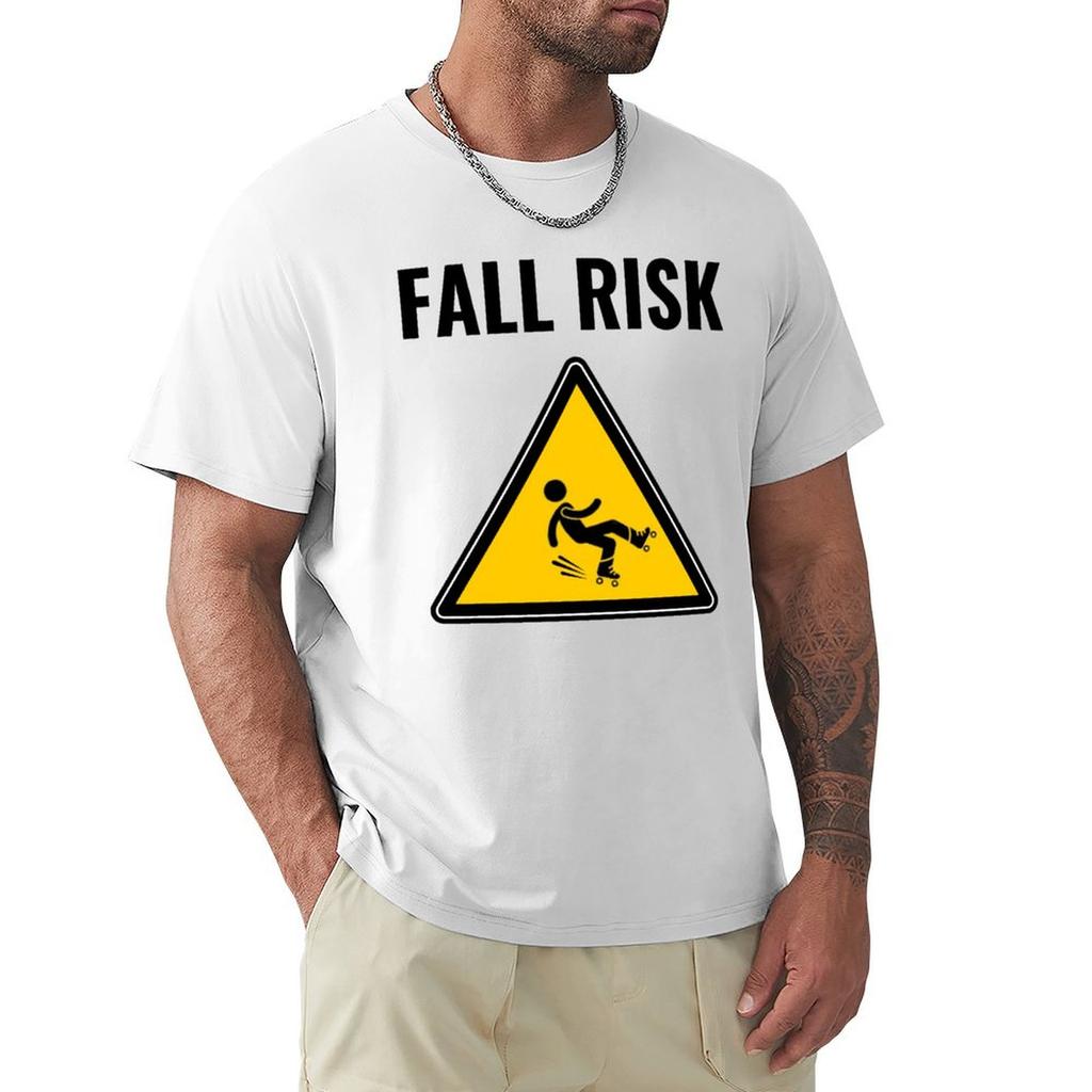 Fall Risk Roller Skater Falling Sign Funny Tshirt Work Daily Short Sleeve Top