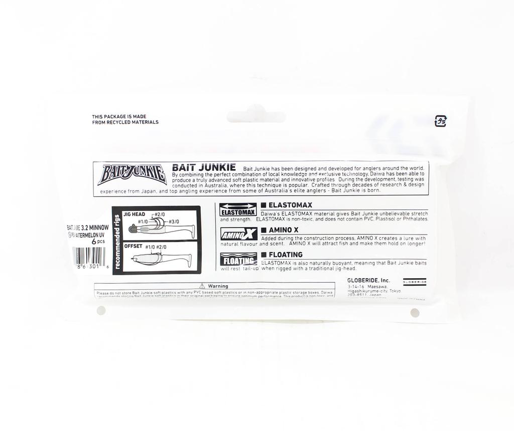 Daiwa Soft Lure Bait Junkie Minnow 3.2 Inch 6 Per Pack Pearl WM UV (3016)