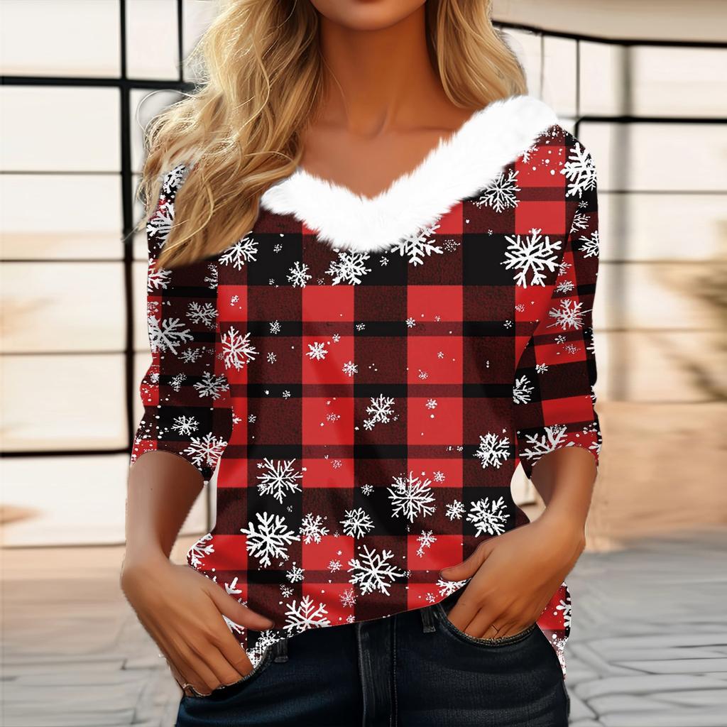 Женская мода с длинным рукавом и рождественским принтом, праздничный воротник, V-образный вырез