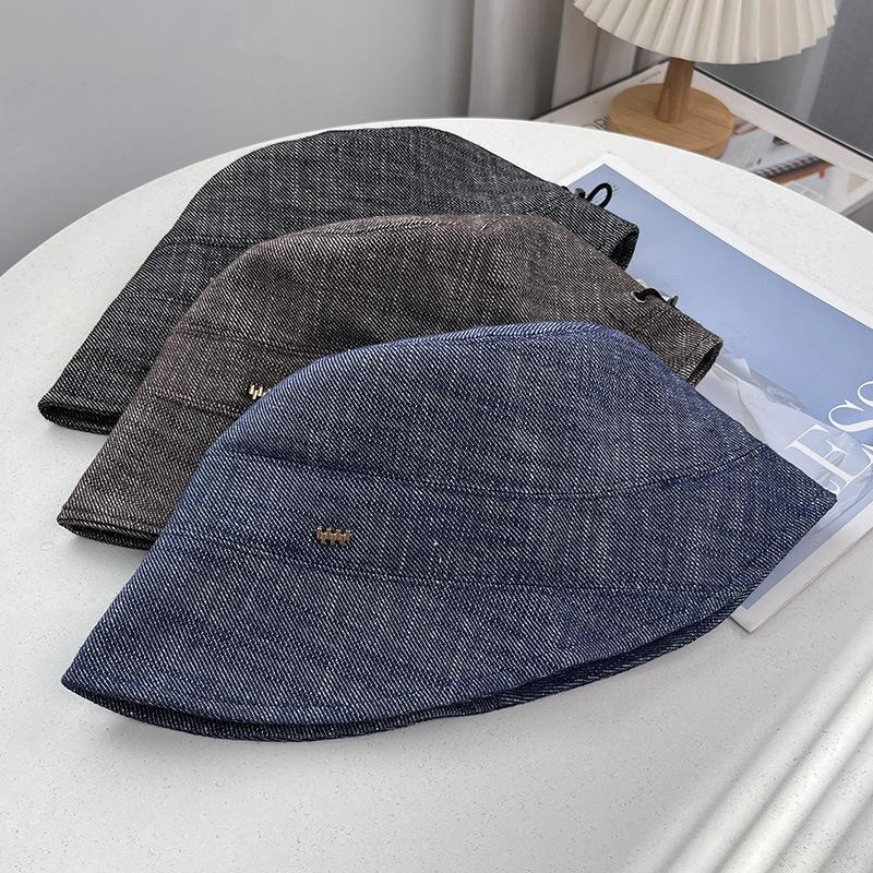 New versatile washed denim washbasin hat women's spring and autumn versatile metal badge decorative bucket hat
