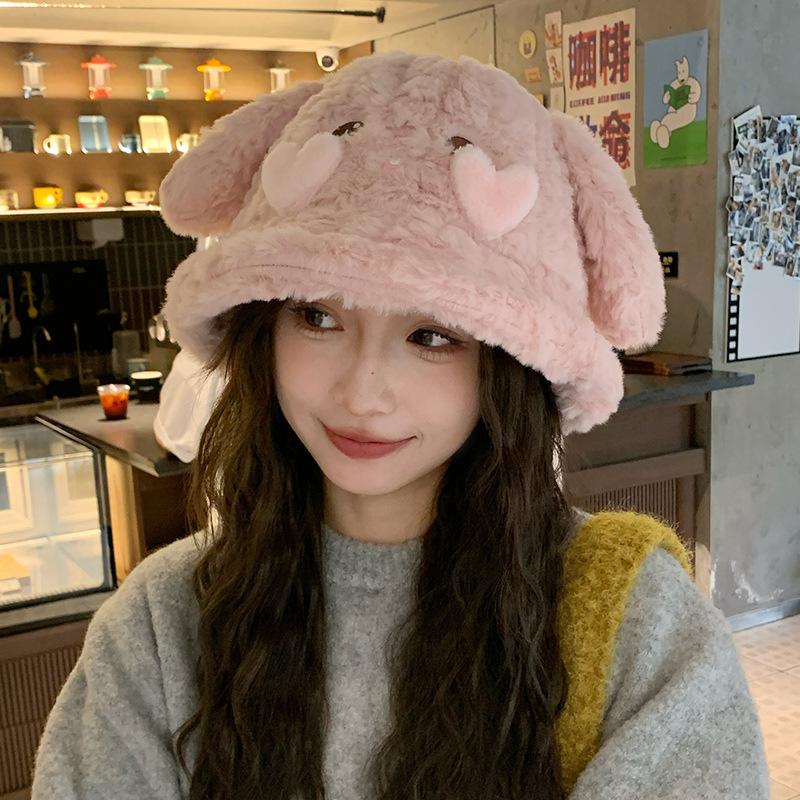 New Autumn and Winter Cute Rabbit Ear Hat for Women Fisherman Hat Warm and Versatile Face Showing Small Basin Hat Cold Proof Plush Hat Trendy