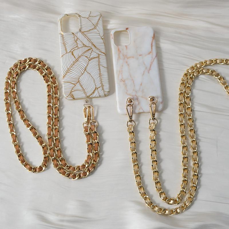 New Phone Accessory Long Cellphone Chain Anti Lost Universal Metal Leather Shoulder Neck Crossbody Phone Strap Case Holder Chain