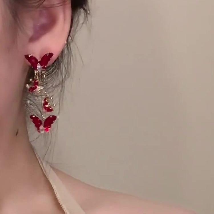 Длинные серьги-подвески из красного стекла с бабочкой для женских свадебных украшений