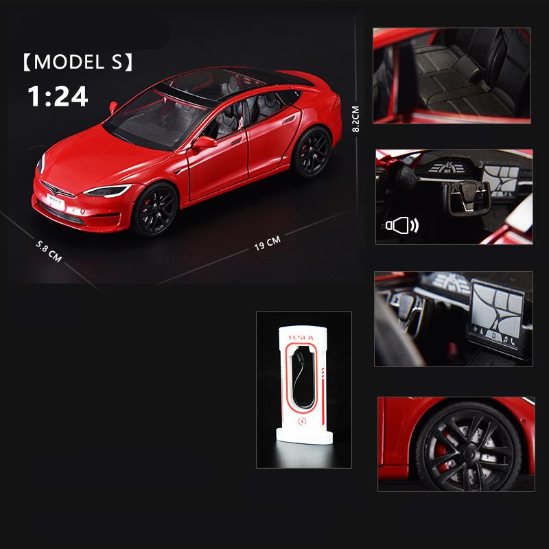 1/24 Scale Diecast Vehicle for Tesla Model S Model Car with Charging Station Collectible Sound Light Toy