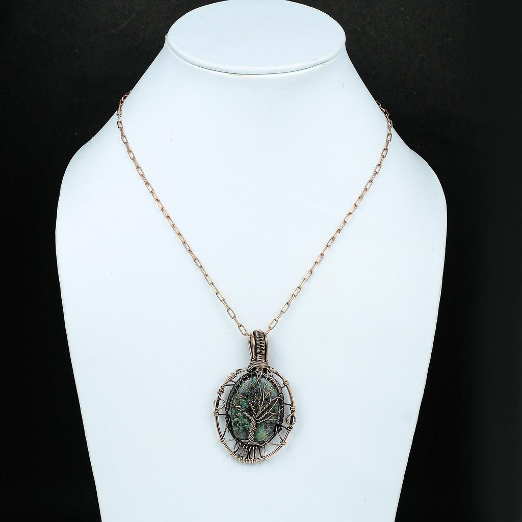 Дерево жизни рубиновый цоизит кулон медная проволока обернутый кулон драгоценный камень медные украшения ручной работы дизайнерский кулон подарок для женщин подарок для него