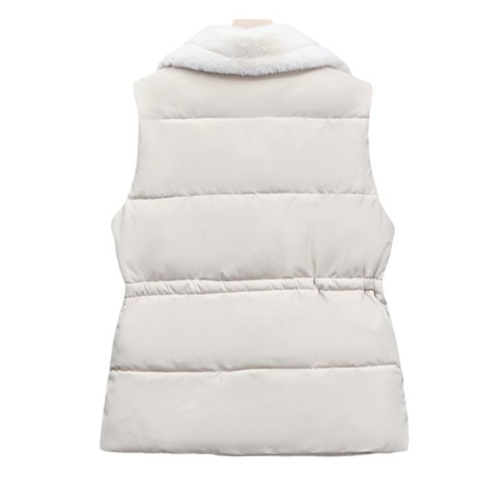 Winter Cotton Fur Integrated Down Vest Womens Puffer Vest Stand Collar Button Down Padded Jacket with Drawstring Waistcoat