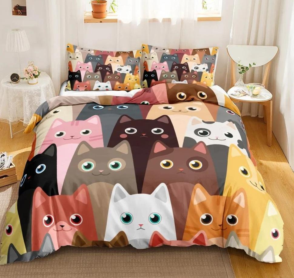 Мультяшный Милый Кот Пуховое Одеяло Пододеяльник 3-х Предметный Комплект Односторонней Печатью Постельное Белье Удобный Пододеяльник С 2 Наволочками