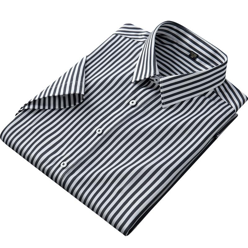 Short Sleeve Striped Men Stretch Work Shirt Non-Iron Summer Easy Care Male Tops Without Front Pocket