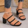 2025 Summer New Temperament Square Head High-heeled Slippers Women's Large Size European and American Thick Heel Foreign Trade One-word Cool Slippers