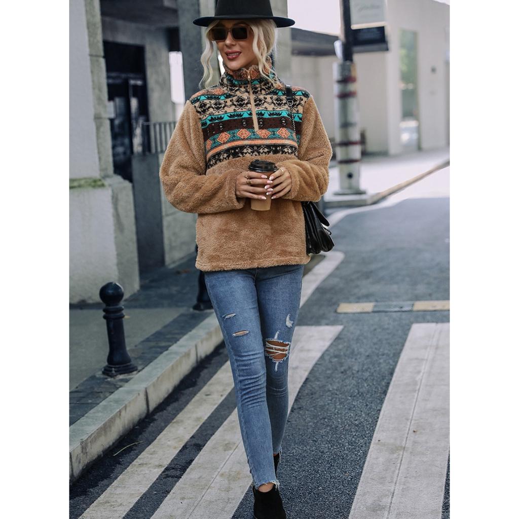 Women's Fleece Half Zip Sweatshirt, Oversized Stand Collar Long Sleeve Printed Pullover with Pocket, Autumn Winter Casual European American Streetwear
