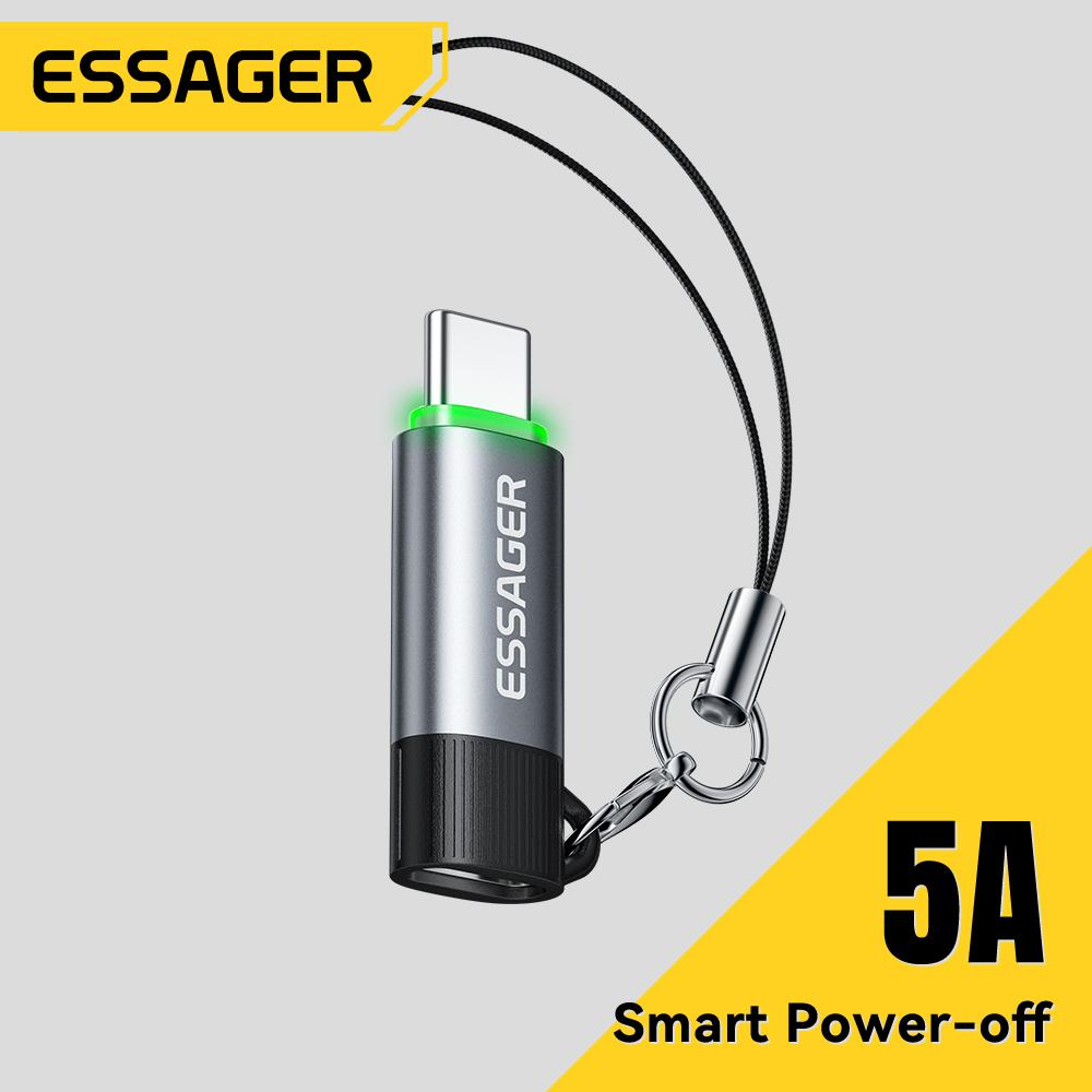 Essager 100 Вт 5 А Умный OTG-адаптер с автоотключением Type C OTG-коннектор С ремешком Для iPhone 17 16 15 Телефонов Android Планшета Ноутбука