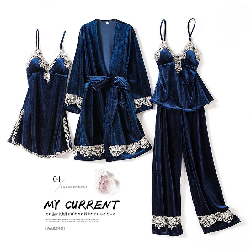 Pajamas Women's Spring and Autumn Golden Velvet Nightgown Nightgown Four-piece Sexy Korean Velvet with Chest Pad Lace Homewear Set