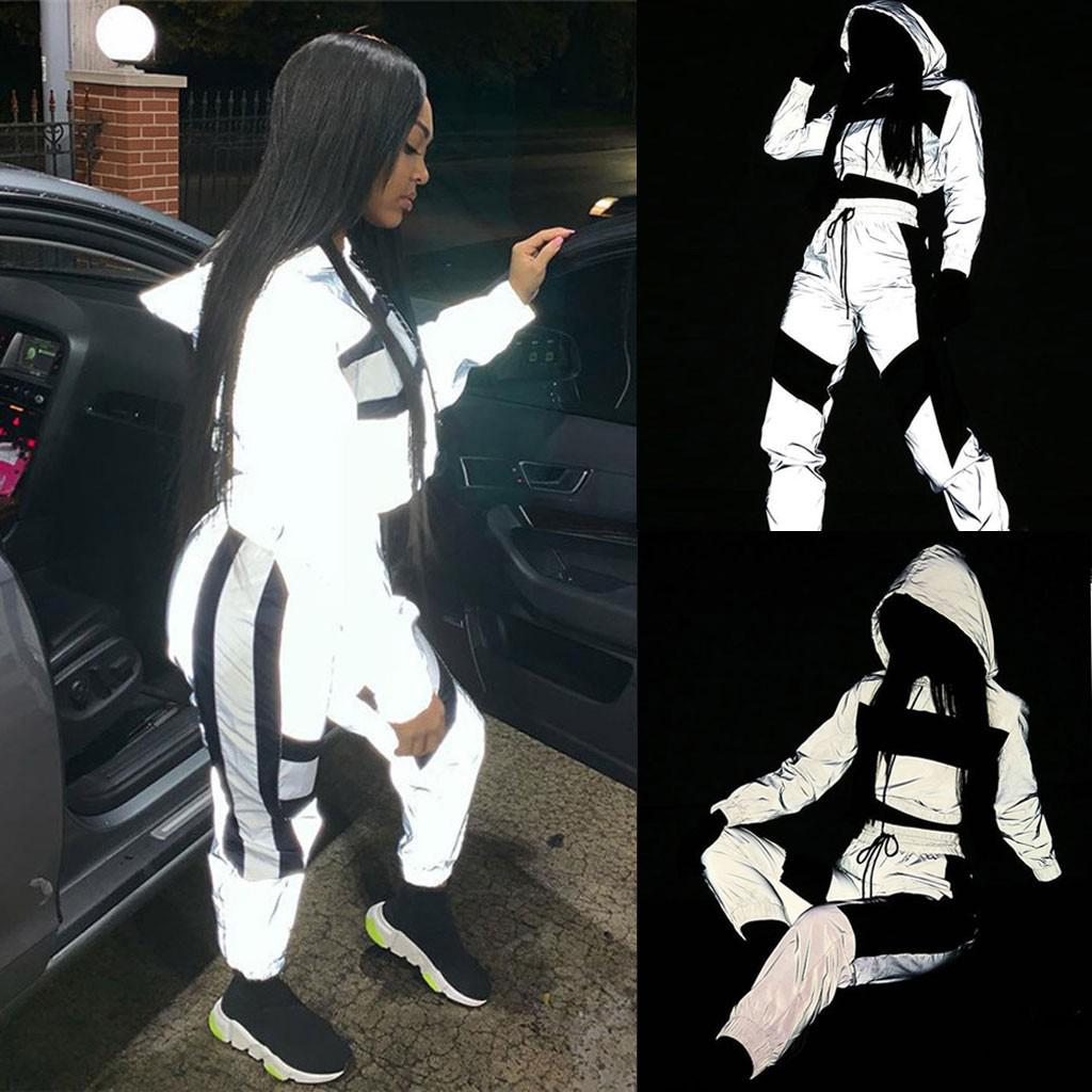 Women Casual Reflective Splicing Set Long Sleeve Crop Tops + Pants