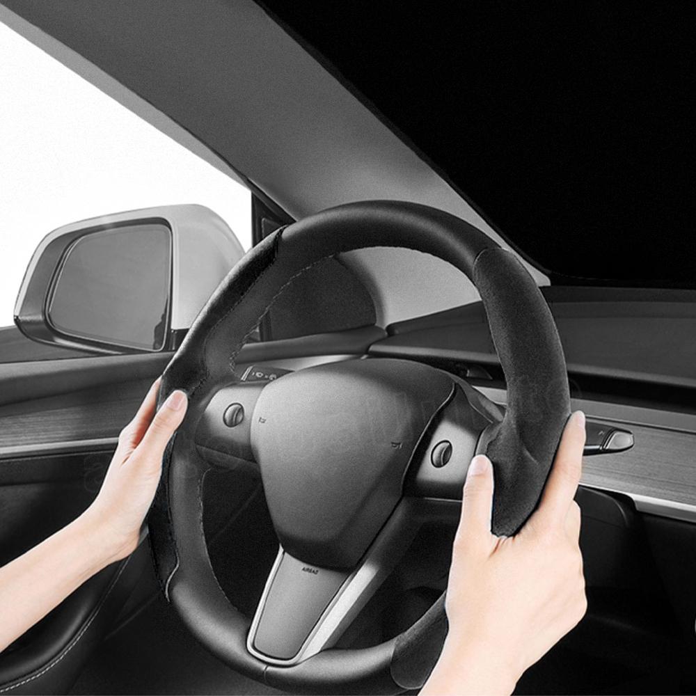 2pcs For Tesla New Model 3+Highland 2024 for Model Y/3 White Carbon Fiber Silicone Black Suede Car Steering Wheel Cover Non-Slip