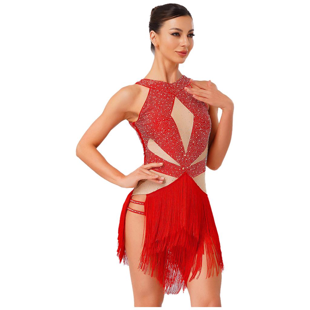 Womens Latin Tango Dance Leotard Allover Rhinestones Backless Tiered Tassel Contrast Color Bodysuit Performance Jumpsuit