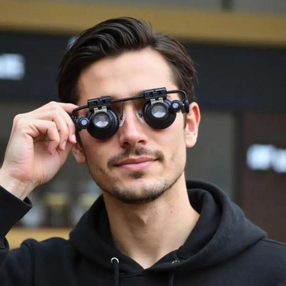 with LED Lights 20X Magnifier Double Eye Glasses Jeweler Inspect Tool