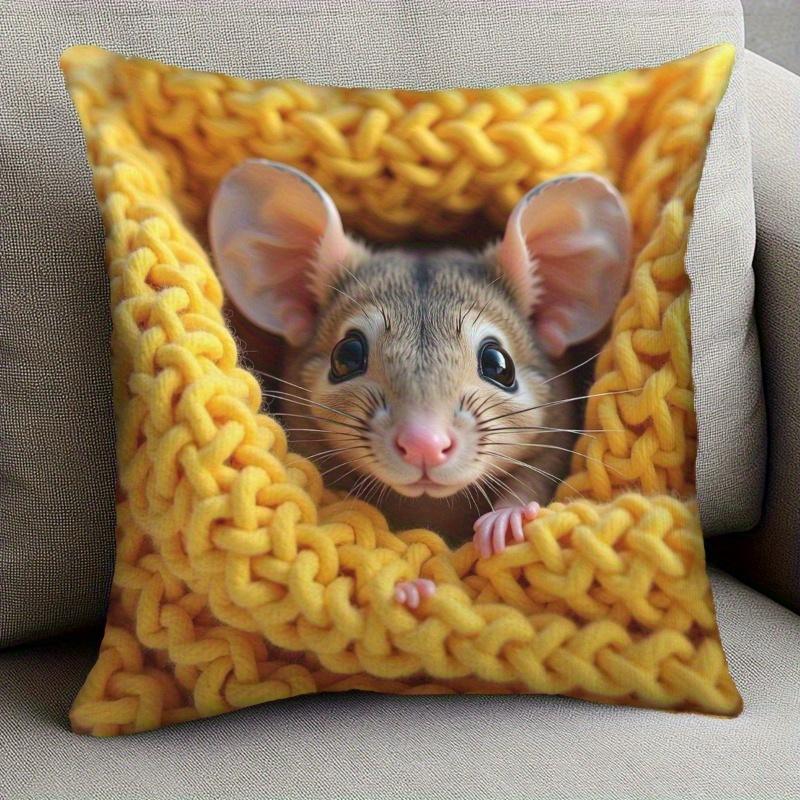 1pc, Cute Mouse Pillowcase, Single-Sided Print, 45.x45.cm, Short Plush Pillow Cover, Country Style, Birthday Gift for Mouse Lovers, Suitable for Chris