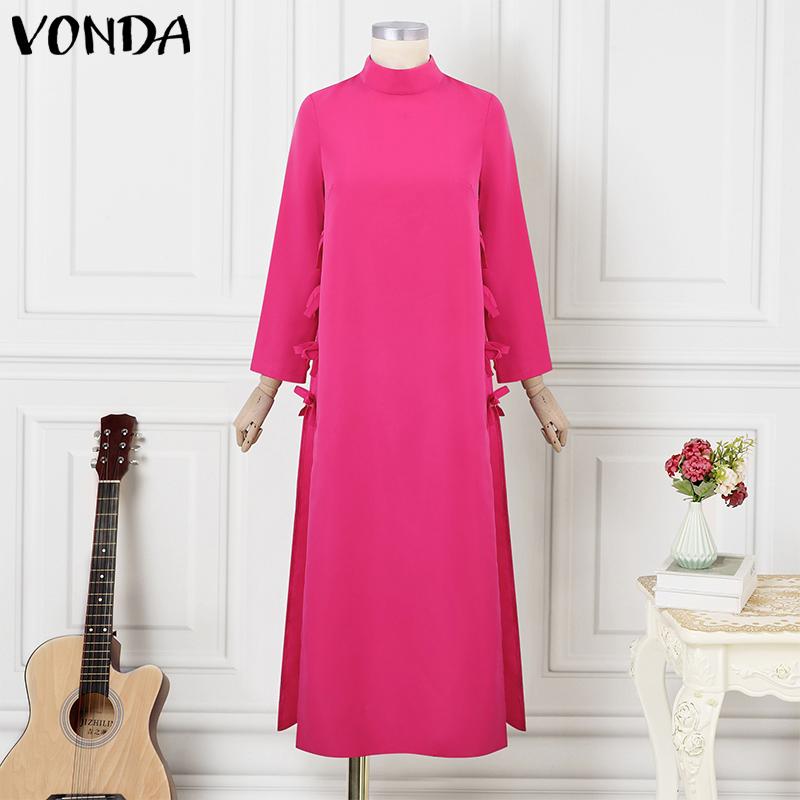 VONDA Женская мода с высоким воротом и длинным рукавом с разрезом, завязанные декоративные платья