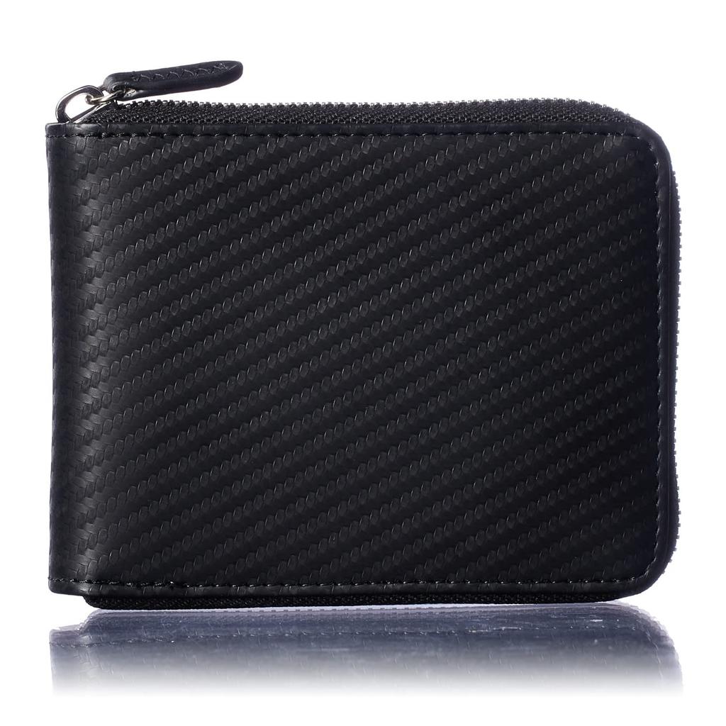 VOICE Carbon Leather Bifold Round Zipper Coin Perfect Boxed Men's Wallet, "Skillfully" Slim, Closure, Easy-to-Use Box-Shaped Pocket, Gift,