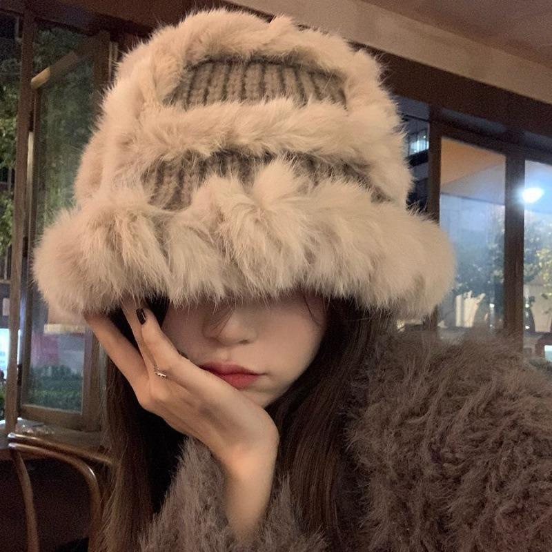 Rabbit Hair Hat Women's Autumn and Winter Thickened Warm Ear Protection Knitted Hat Loose Big Head Circumference Wool Bucket Hat Shows Small Face