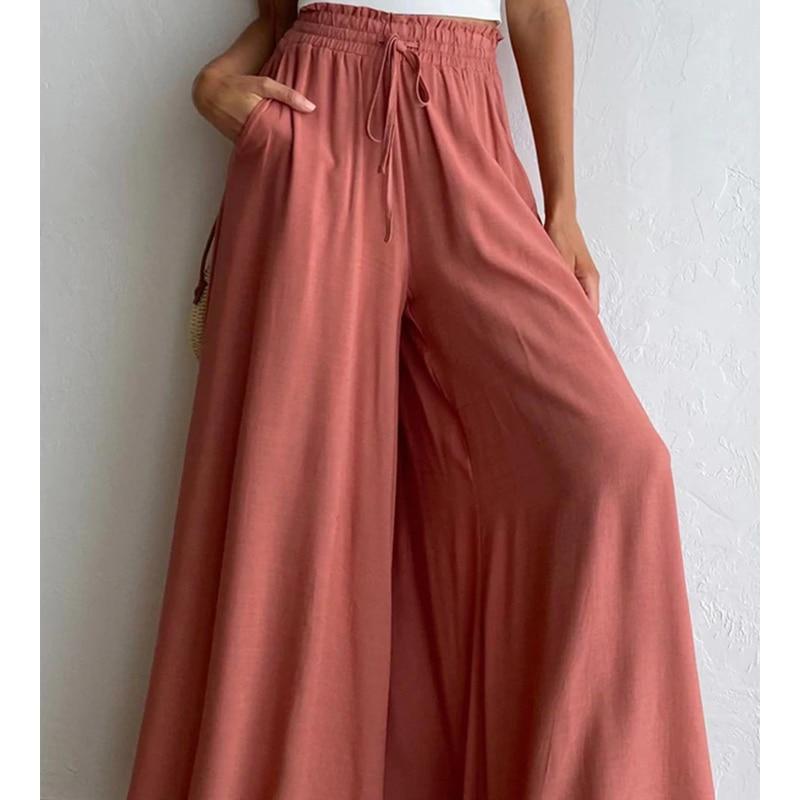 Casual Wide-leg Pants Women Loose Summer Fashion Elastic Waist Trousers Women Apricot High Waist Baggy Pants Ladies Elegant 25997