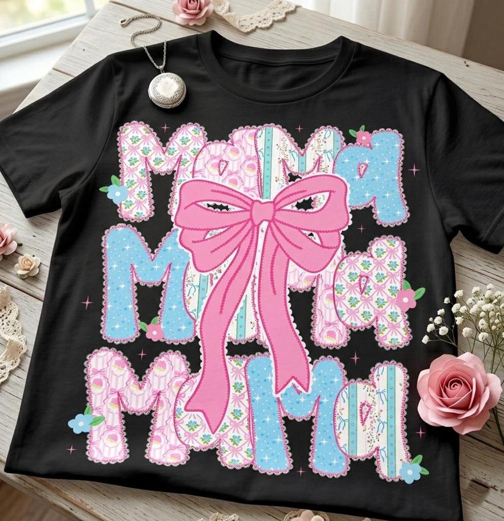 Mama Coquette Floral Bow Shirt, Girly Pastel Patchwork Mom Tee
