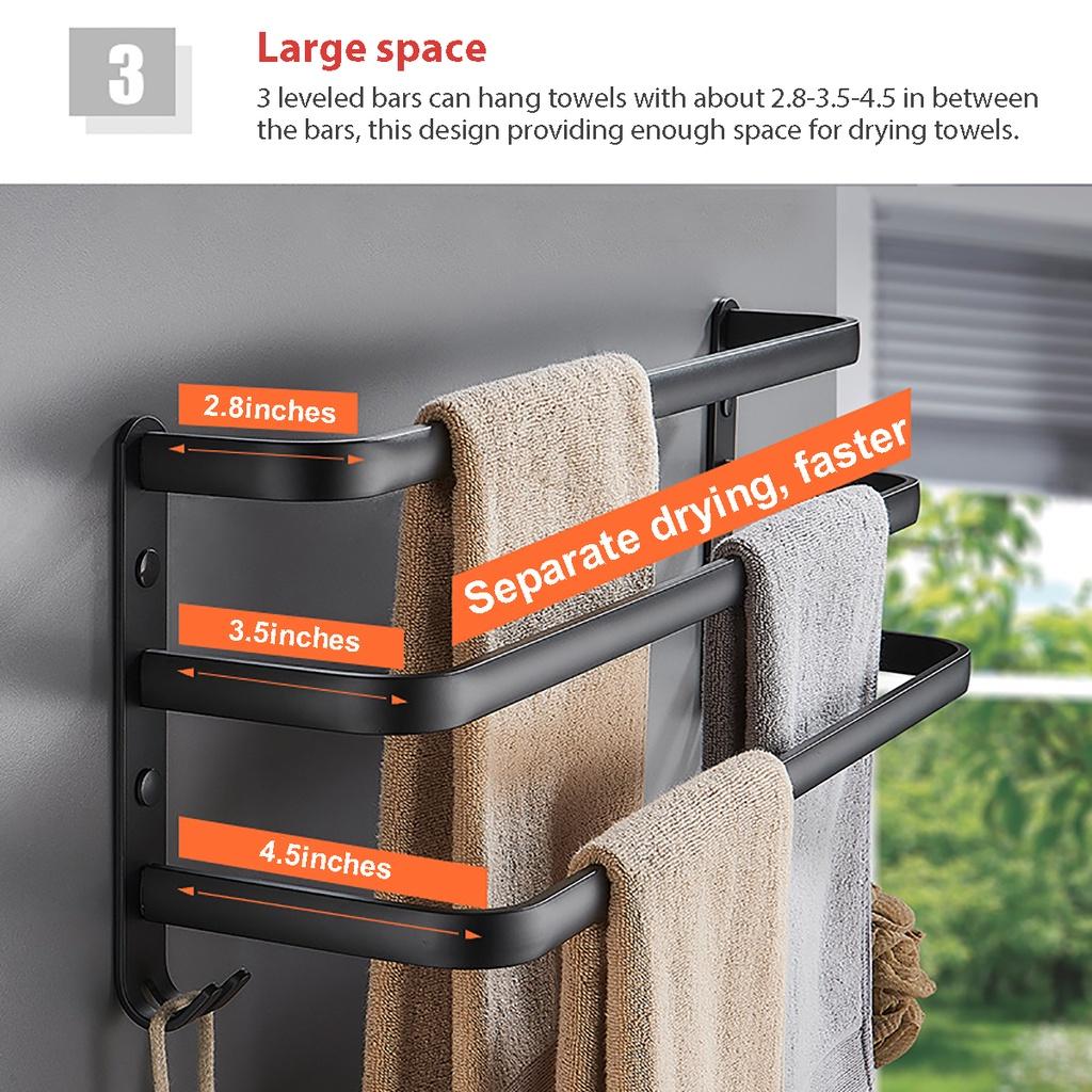 1/2/3-Tier Towel Hanger Rail Wall Mounted Towel Rack Towel Rack Bathroom Space Aluminum Black Towel Bar Rail Matte Black Towel 12/16/20Inches New