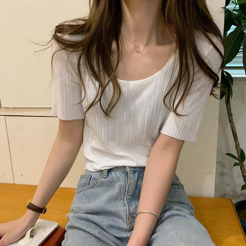 Футболка с французской талией, летняя женская, новая, с U-образным вырезом, из тонкого шелкового трикотажа, с коротким рукавом, с квадратным вырезом, короткая рубашка