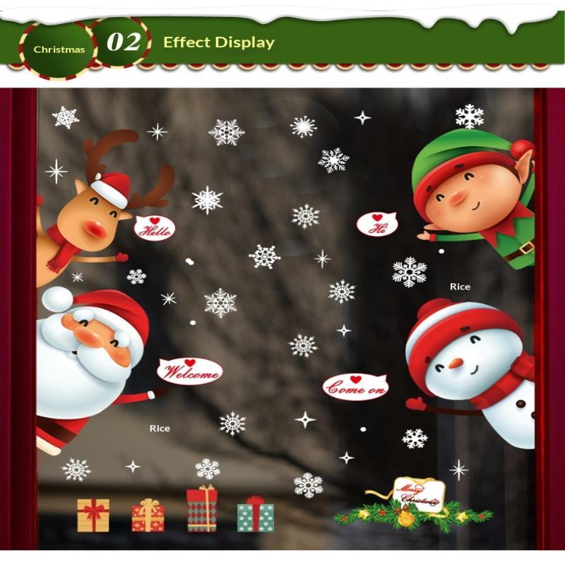 Christmas Window Static Stickers 2/4 Sheet Removable Cartoon Santa Reindeer Snowflake for Xmas Family Party Decoration