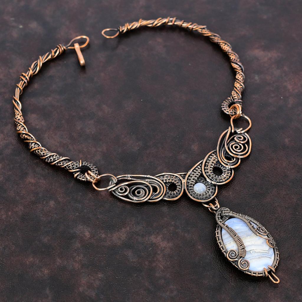 Blue Lace Agate Necklace Copper Wire Wrapped Necklace Rainbow Moonstone Gemstone Necklace Amazing Copper Jewelry For Gift Handmade Necklace