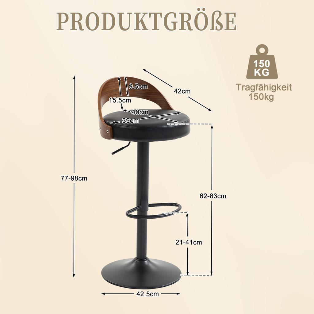 Set of 2 360 degrees Rotating Bar Stools with Backrest, Black Walnut Wood, PU Seat Cushion, Height-Adjustable (Black PU Leather)